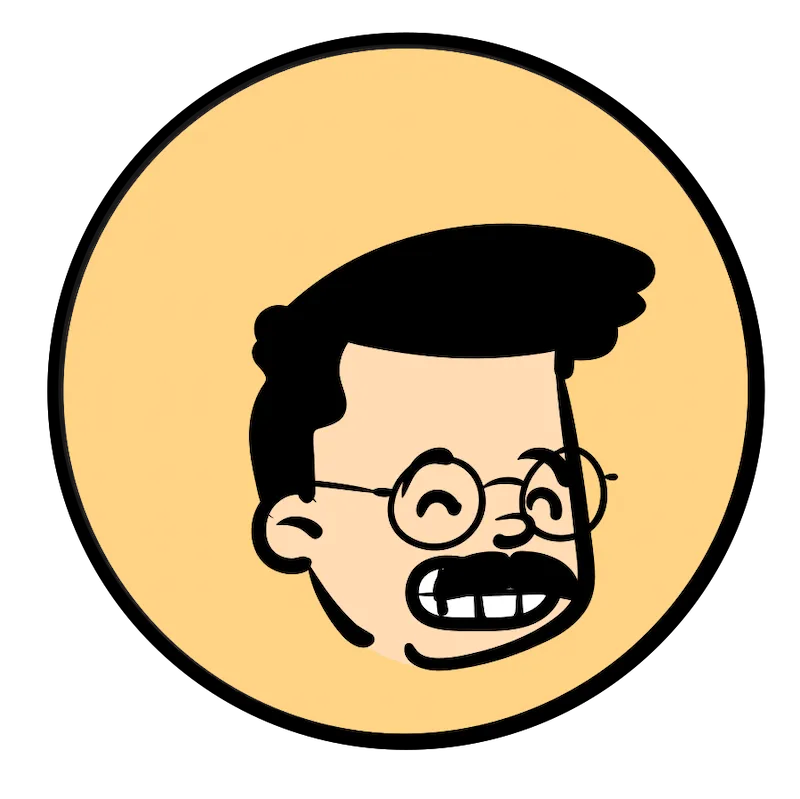 A cartoon face representing the creator of this blog Kon. It contains a face of a man that smiles, wears glasses and has a mustache.