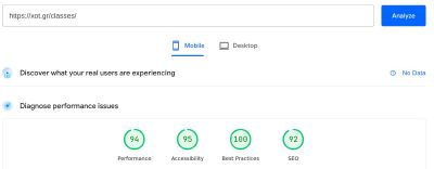 Web Vitals screenshot from <https://pagespeed.web.dev/> for xot.gr/classes